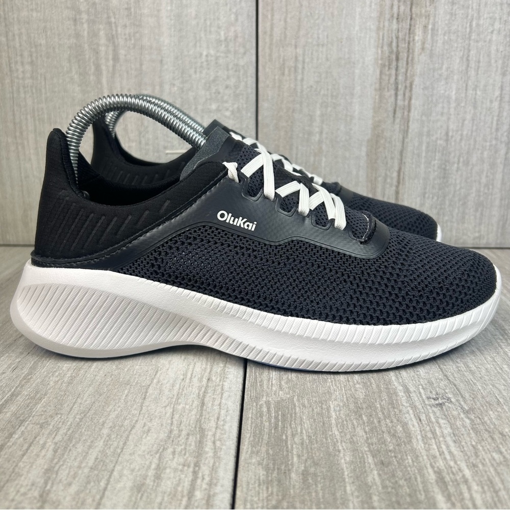 OluKai Black and White Mesh Lace-Up Sneakers